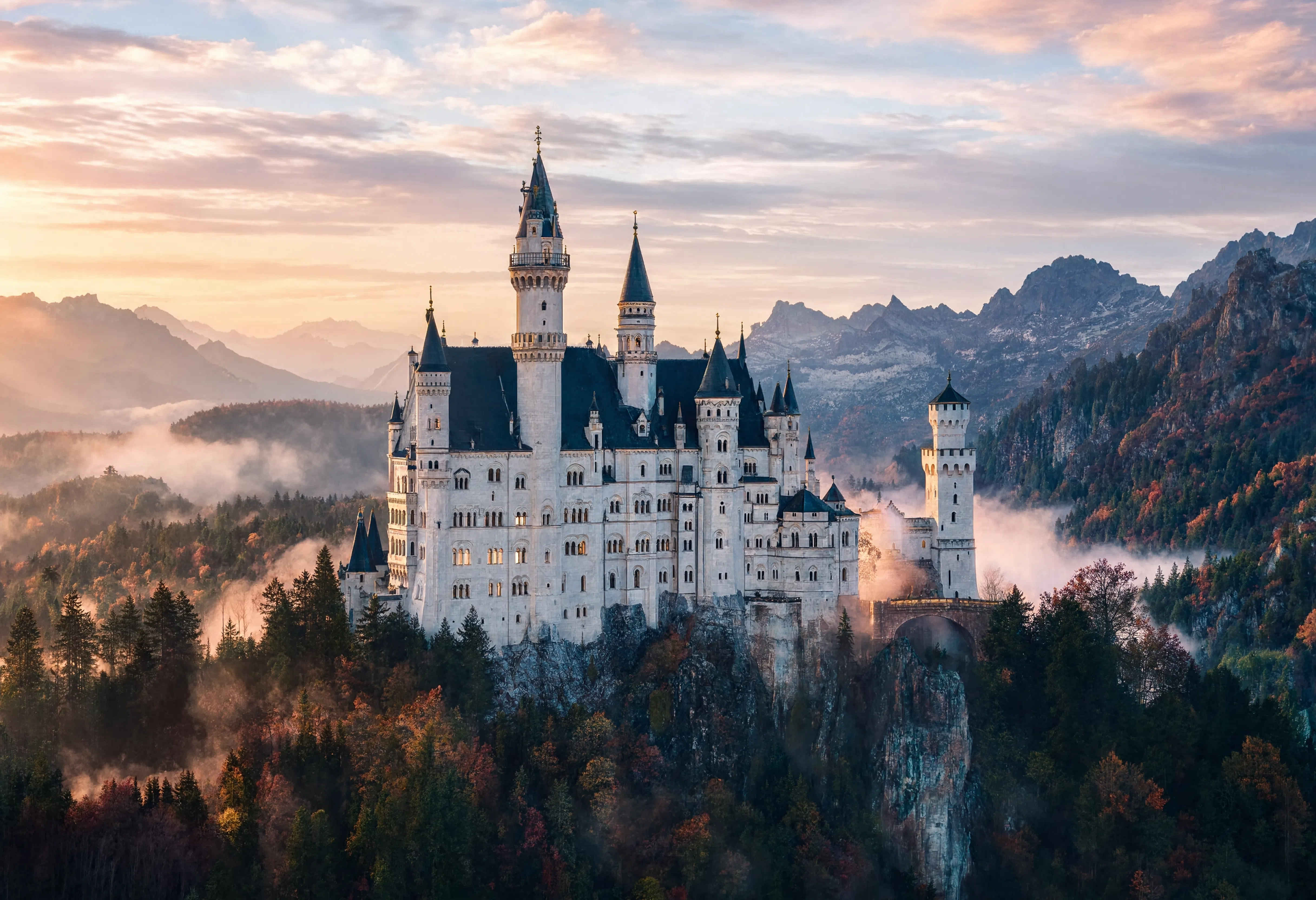 Schloss Neuschwanstein im morgendlichen Nebel — Bayerische Alpen